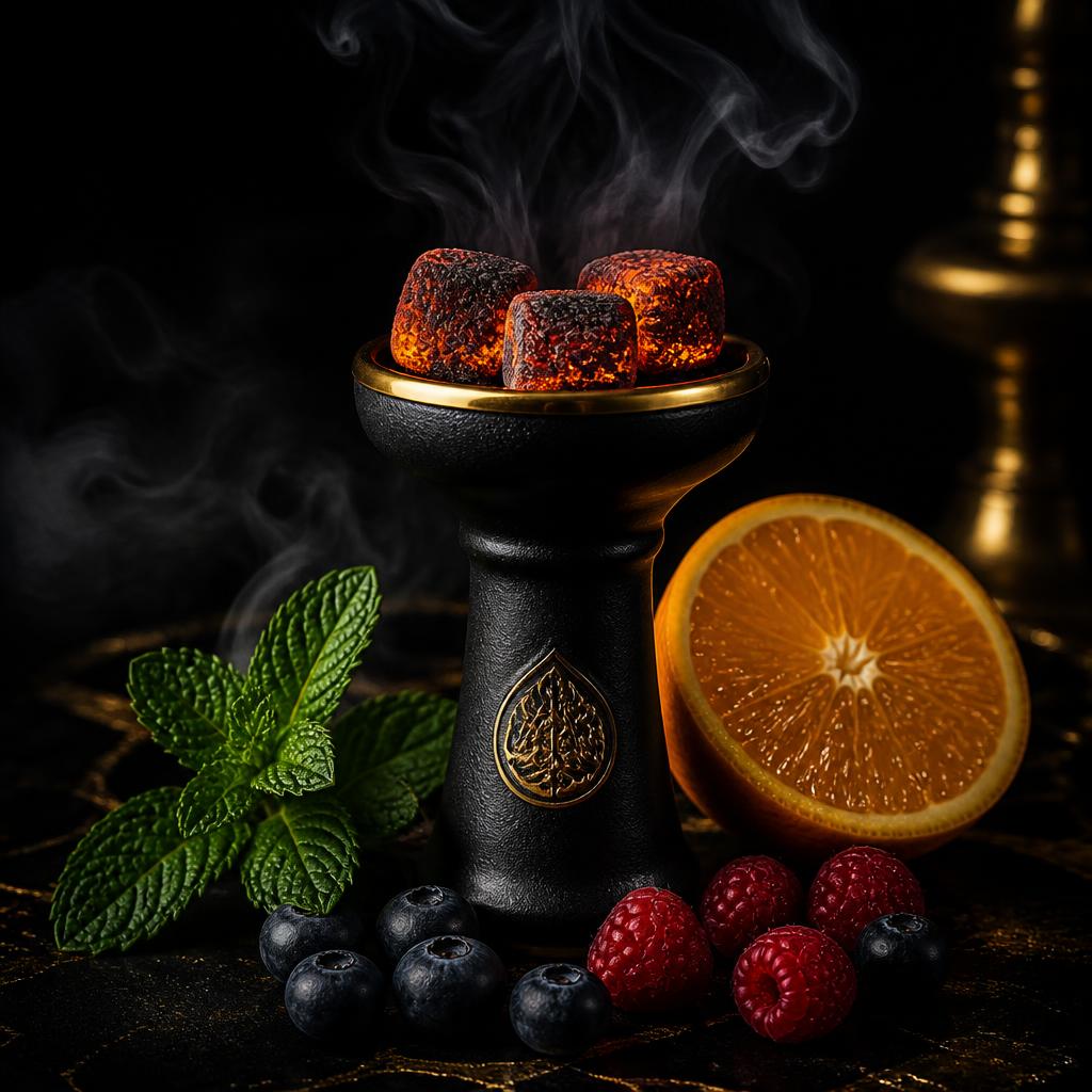 Hookah bowl with glowing coals surrounded by mint, berries and orange